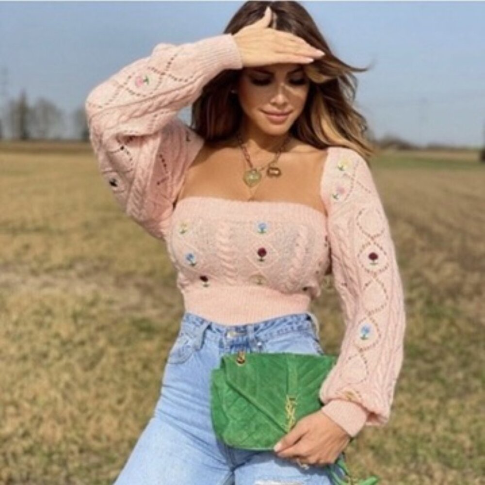 Zara Pointelle Pink Knit Arm Warmer Cropped Sweater/Shrug